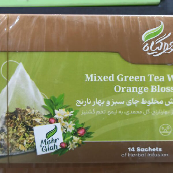دمنوش مخلوط چای سبز و بهار نارنج مهرگیاه ـ 14 ساشه