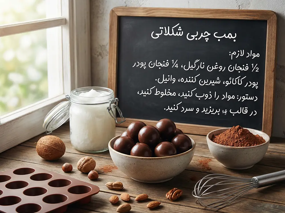 طرز تهیه بمب چربی شکلاتی با روغن نارگیل و پودر کاکائو