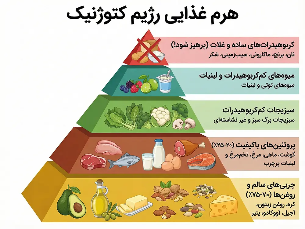 هرم غذایی رژیم کتوژنیک با درصد چربی و پروتئین