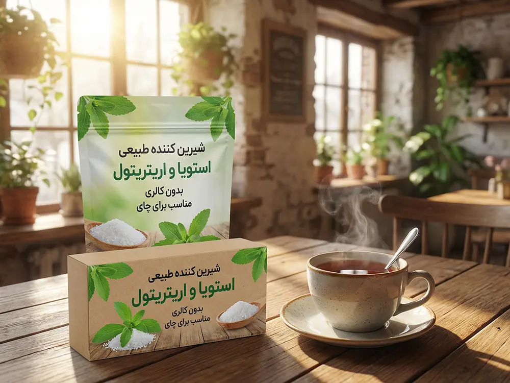 بسته بندی شیرین کننده استویا و اریتریتول کنار فنجان چای
